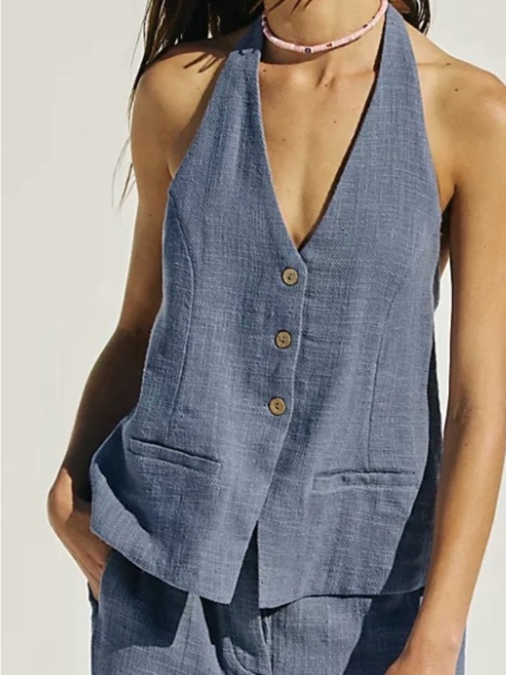 Free People Blue Textured Halter Vest with Cream Strap